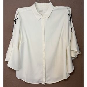 Chico's Sz 2/L Ivory Button Up Contrast Black Lace Up 3/4‎ Flutter Sleeve Blouse
